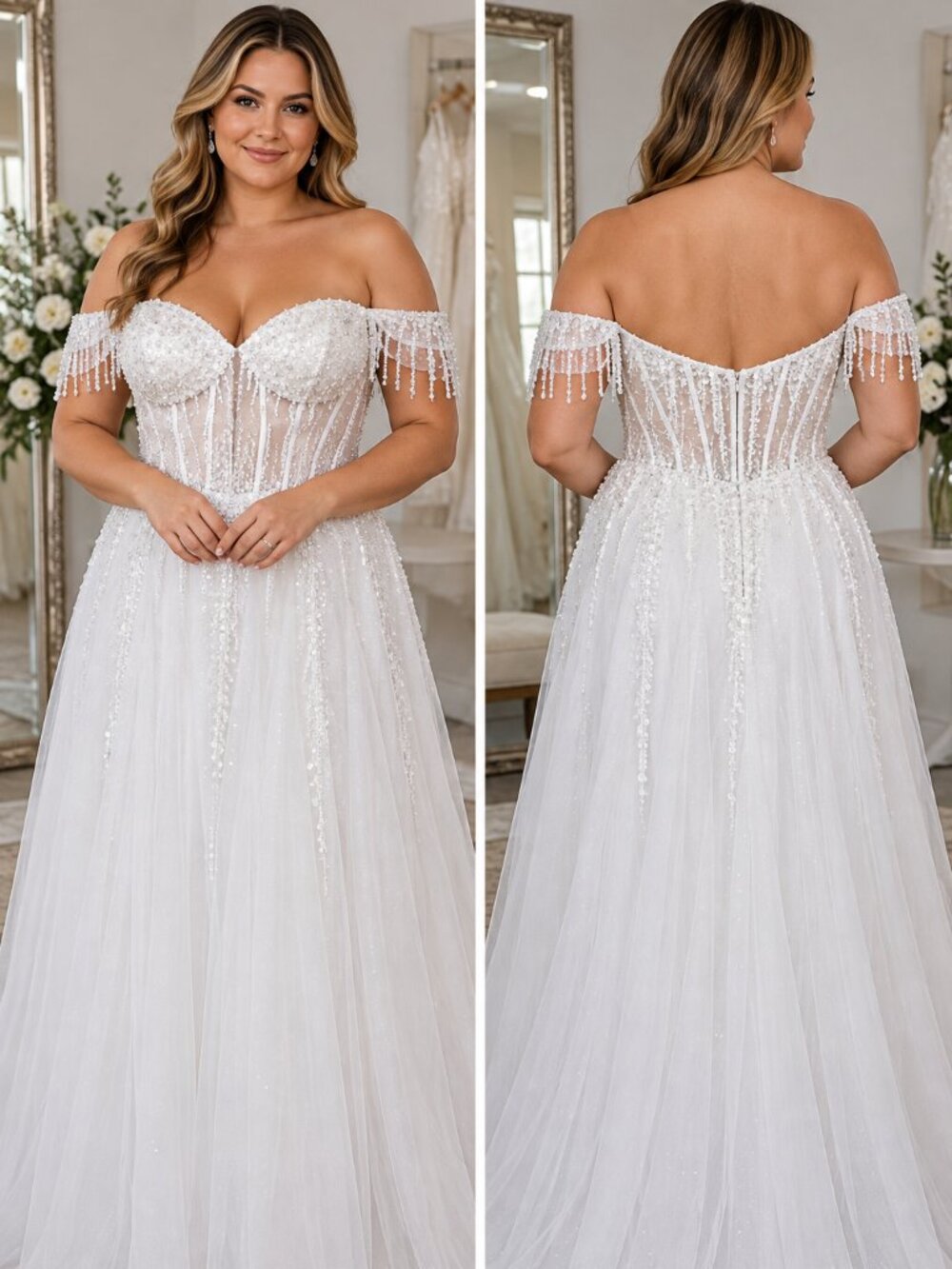 White Beaded Off Shoulder Corset Wedding Dress Size 14